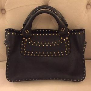 Celine Boogie Tote Handbag Black Leather Gold Studded Top Handle Purse Authentic